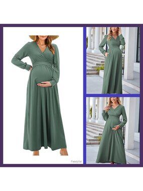 OUGES Women's Wrap Maxi Maternity Nursing Dress Long Sleeve V Neck